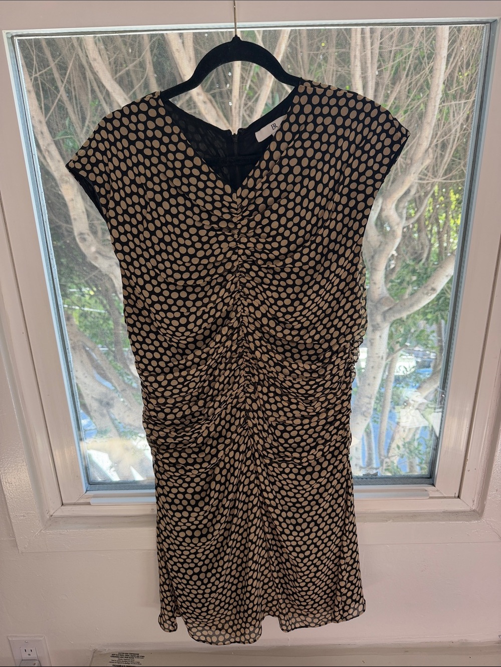 Banana Republic Black and Cream Polka Dot Ruched Dress